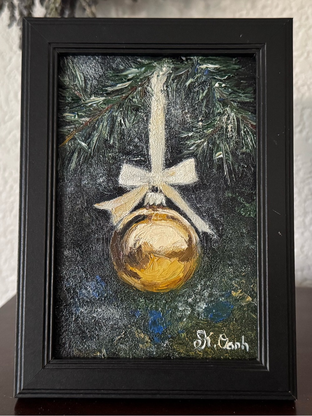 Original oil painting still life ornament Christmas holiday signed framed 4x6 in